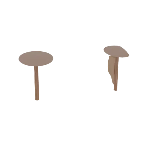Ein 3D-Render von zwei stilisierten Pilzhockern, einer mit runder Kappe und der andere mit asymmetrischer Kappe, beide auf br