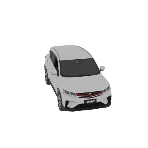 A 3D model render of a white Geely X50 SUV viewed from a three-quarter front angle against a white background.