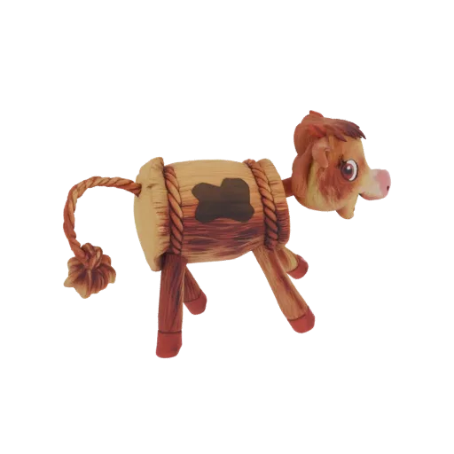 A 3D render of a wooden toy cow with a barrel body, rope accents, and a braided tail, set against a white background.
