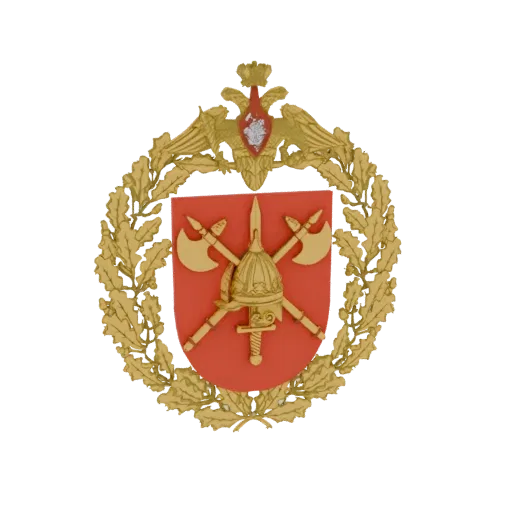 3D model of a Russian military emblem with a golden eagle, oak wreath, crossed axes, and helmet on a red shield.