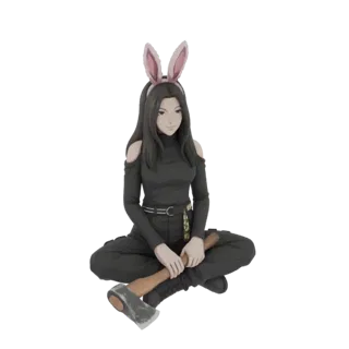 Modelo 3D de una chica anime con orejas de conejo rosas, vistiendo un atuendo negro, sentada con las piernas cruzadas con un