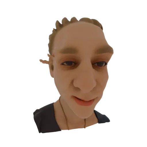 3D render of a distorted cartoon face with exaggerated features, a subtle smile, and a dark shirt.