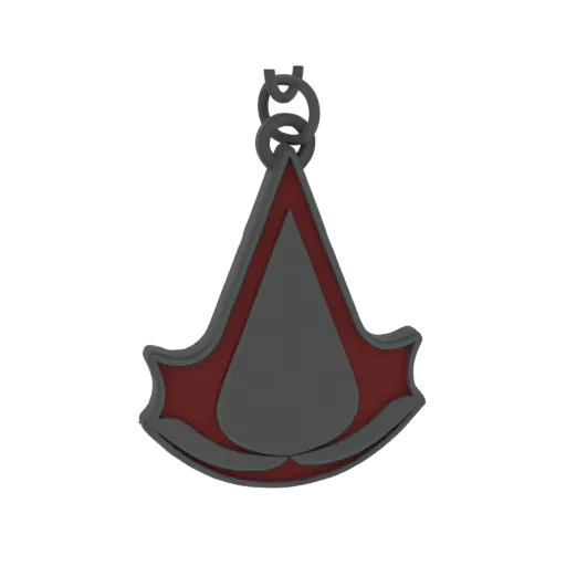 3D model of the Assassin's Creed Hidden Blade pendant, featuring a gray and red design with interlocking rings at the top.