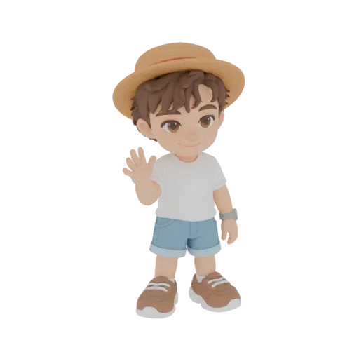 3D model of a cute boy wearing a straw hat and waving, with brown hair and a white t-shirt.