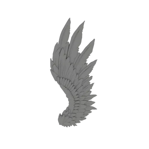 A detailed 3D model of a single, ornate feathered wing, rendered in gray, with feathers layered and curved.