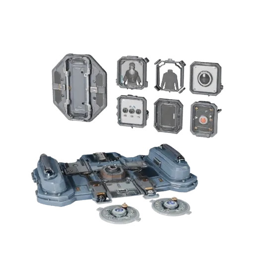 Sci Fi Pressure Plate 3D model, three-quarter front view, Unity viewport, showing metal hinges, form detail.