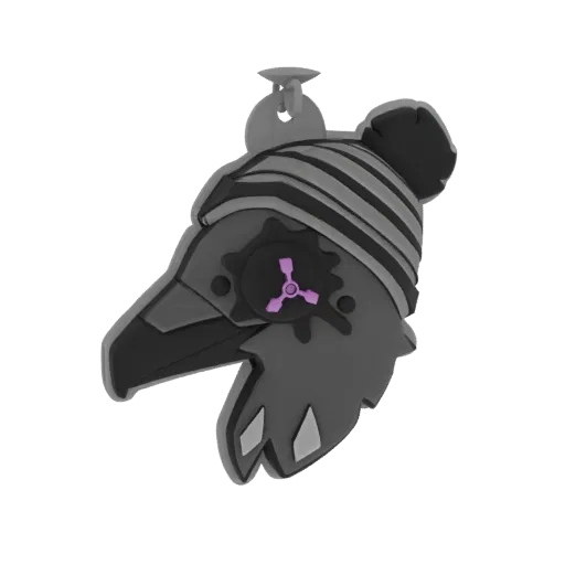 3D model of a steampunk crow head keychain with a striped bandana and a visible gear mechanism on its cheek.