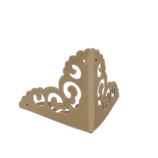 A 3D render of a decorative corner protector with intricate scrollwork and a scalloped edge, shown against a white background