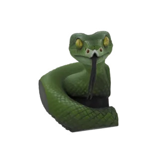 Un modello 3D dettagliato di una vipera verde arrotolata in posa d'attacco, con la lingua che guizza fuori e gli occhi gialli