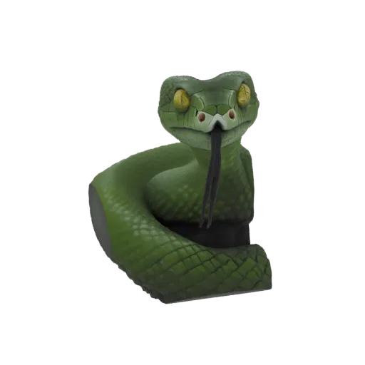 A detailed 3D model of a green viper snake coiled in a striking pose, with its tongue flicking out and yellow eyes focused fo