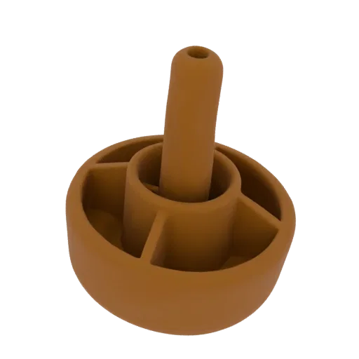 Ein 3D-Render eines braunen Kreisels mit sichtbarer interner Struktur, isoliert auf weißem Hintergrund.