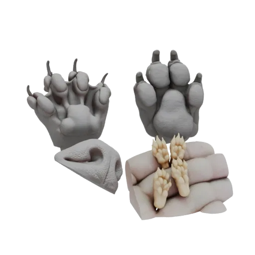 Un rendering 3D che mostra modelli grigi realistici di zampe e naso di animali, con un set separato di impronte di zampe più