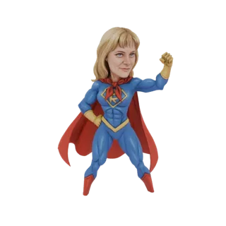 3D-Modell einer weiblichen Superheldin im Bobblehead-Stil, trägt einen blauen Anzug mit rotem Umhang, in heroischer Pose.
