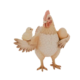 Modèle 3D d'une figurine de poule mère de couleur crème tenant un œuf, avec un petit poussin sur son aile, sur fond blanc.