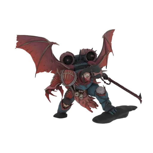 3D model of a menacing Chaos Space Marine with large red demonic wings and a weapon, posed dynamically.