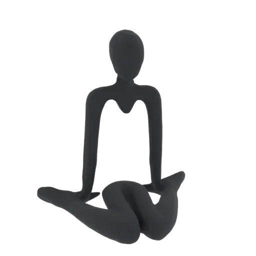 Un modello 3D astratto grigio scuro di una figura umana seduta con le gambe incrociate e le braccia appoggiate sulle ginocchi