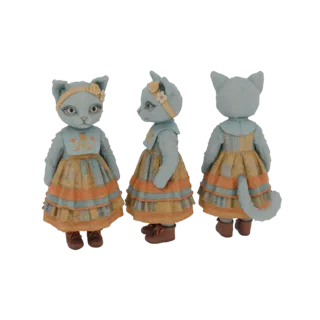 Modelo 3D de uma boneca gato azul vestindo um vestido floral amarelo e azul e uma tiara com flores, mostrado de três ângulos