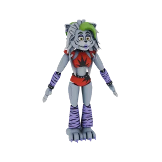 Modello 3D di Glamrock Roxy, un personaggio animatronico volpino con cresta verde, outfit rosso e scaldamuscoli viola a righe