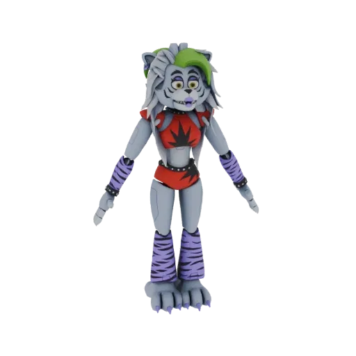 3D-Modell von Glamrock Roxy, einem Foxy-Animatronic-Charakter mit grüner Irokesenfrisur, rotem Outfit und violett gestreiften
