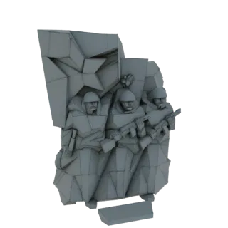3D-Modell eines Denkmals, das drei sowjetische Soldaten mit Gewehren und einem großen Stern-Emblem in einem Low-Poly-Stil dar