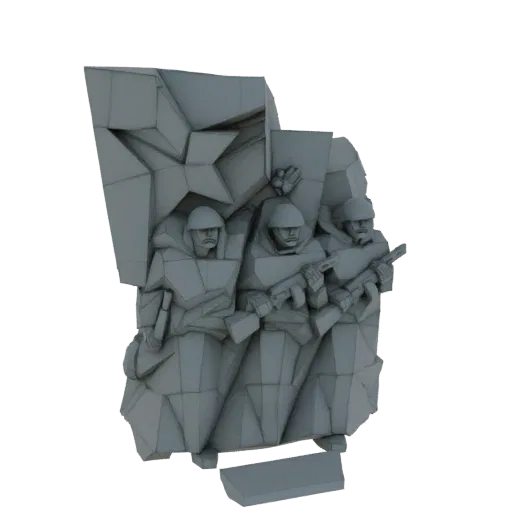 Modello 3D di un monumento raffigurante tre soldati sovietici con fucili e un grande stemma a stella, renderizzato in stile l