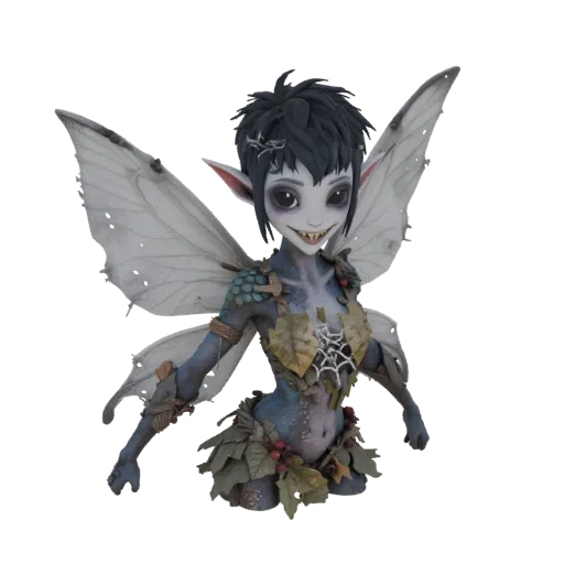 Dark fantasy pixie 3D model with large black eyes, translucent wings, and natural material clothing.