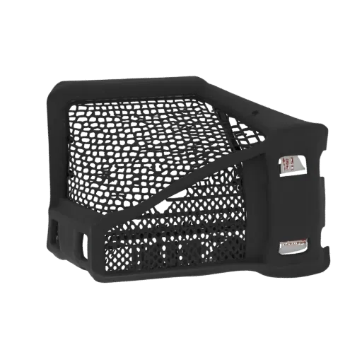 A 3D render of a futuristic black sports goal net with a detailed mesh pattern, presented on a black background.