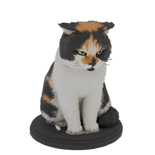 Modèle 3D d'un chat calico grincheux assis sur un socle circulaire sombre, avec des taches de pelage noir, orange et blanc et