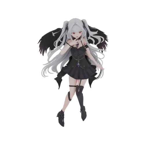 3D model of a gothic angel with white hair, black wings, and a dark dress, posed dynamically.
