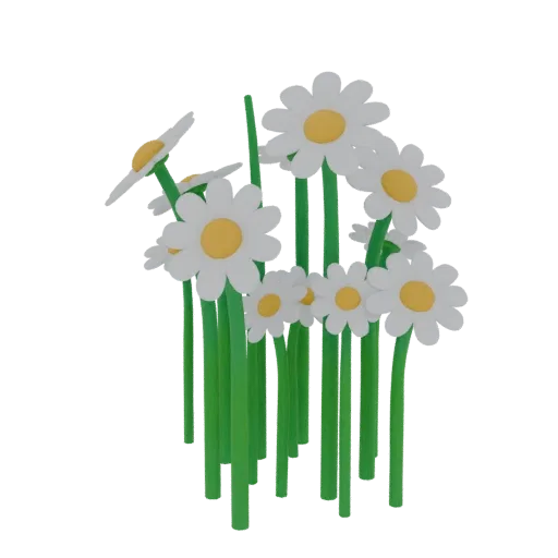 A 3D render of a stylized cluster of white daisies with yellow centers and green stems, presented against a white background.