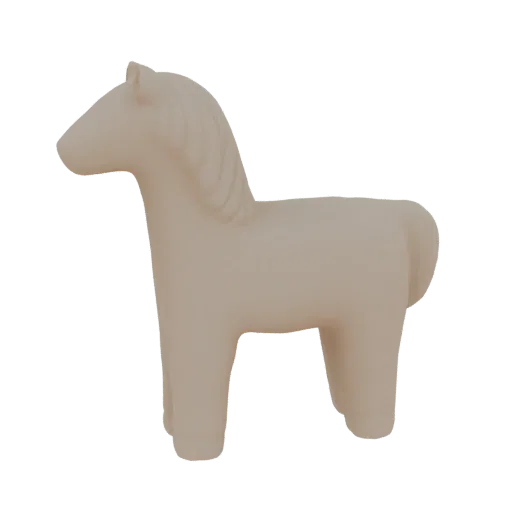 Un rendering 3D di una statuetta di cavallo stilizzato beige opaco, con finitura liscia e design minimalista, presentato su s