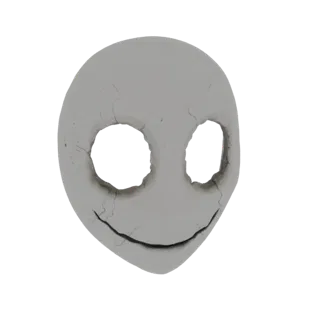 A 3D model of a cracked white mask with two large eye holes and a subtle, unsettling smiley face.