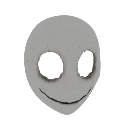 A 3D model of a cracked white mask with two large eye holes and a subtle, unsettling smiley face.