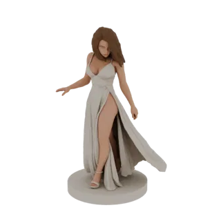 Modelo 3D de una mujer con un vestido blanco fluido y abertura alta, de pie sobre una base circular.