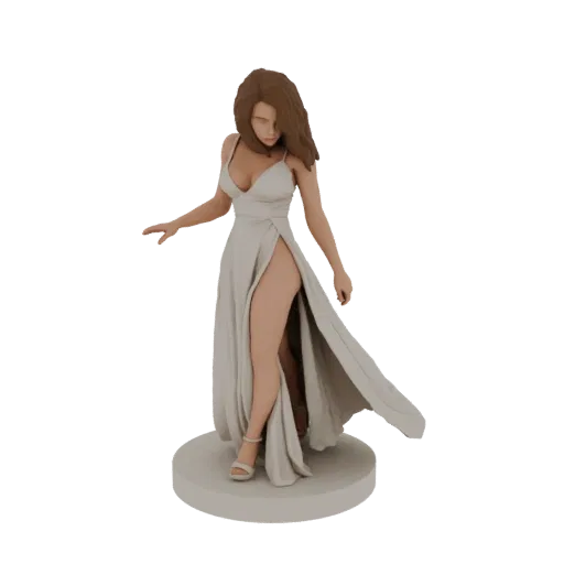 Modello 3D di una donna in un abito bianco fluido con spacco alto, in piedi su una base circolare.