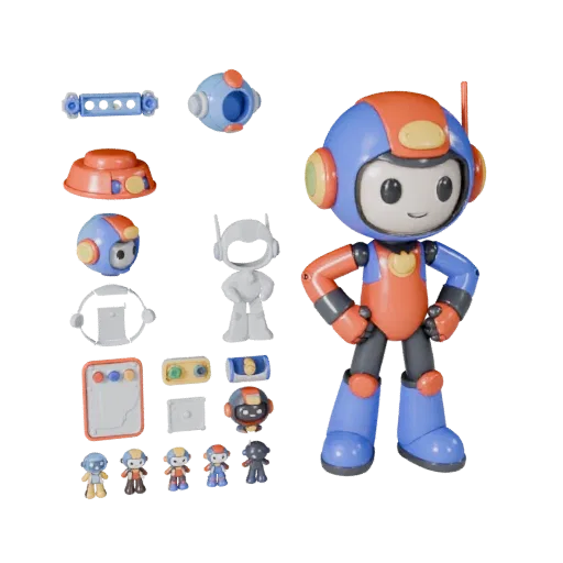 Sports Robot Mascot modular kit 3D model preview showing pose, top-down kitbash view, expression and smooth toy surfaces