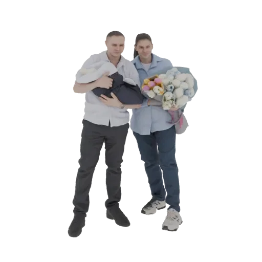 3D model of a smiling man holding a newborn baby, standing next to a woman holding a bouquet of colorful flowers.
