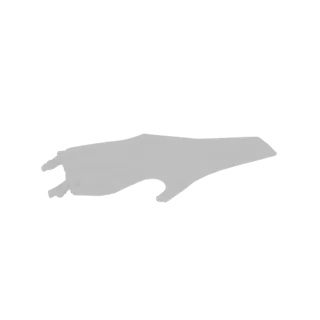 A 3D model of a stylized hand making the 'rock on' gesture, rendered in a smooth, matte gray.