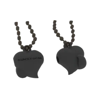 3D render of a heart-shaped pendant necklace with 'INUNOCRININE' engraved, shown from two angles against a black background.