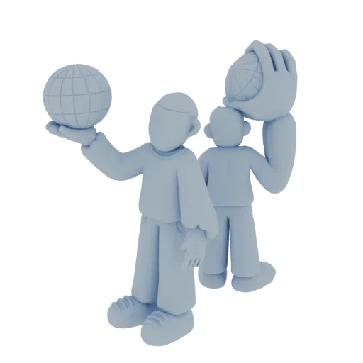 A 3D render of two light blue, clay-style figures holding globes, presented against a white background.