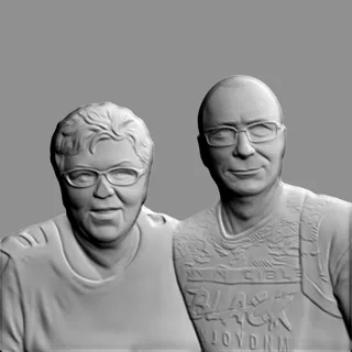 3D model of an elderly couple bas-relief in a medallion, with high facial detail.