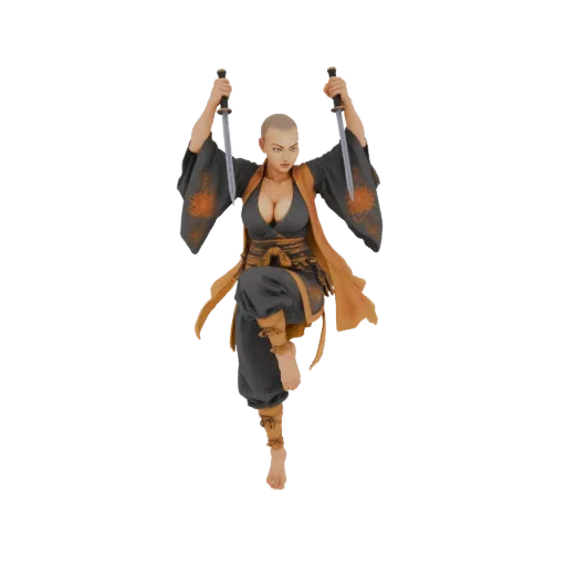 3D model of a bald female warrior in a fighting stance, holding two swords above her head, wearing a grey and orange outfit.