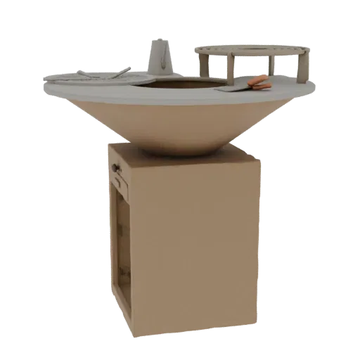 3D model of a modern outdoor grill station with a large conical cooking surface and a tan storage cabinet below.