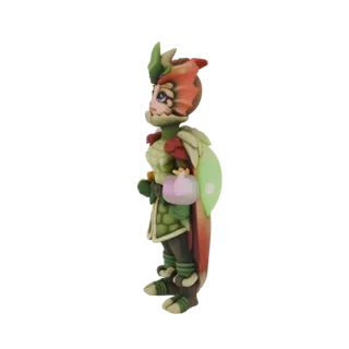 Side profile of a 3D model depicting a fantasy Dragonfly Warrior with green and red armor, delicate wings, and a detailed hea