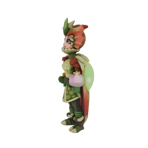Side profile of a 3D model depicting a fantasy Dragonfly Warrior with green and red armor, delicate wings, and a detailed hea