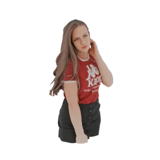 3D model of a young woman with long brown hair, wearing a red Kappa t-shirt and a black skirt, looking over her shoulder with