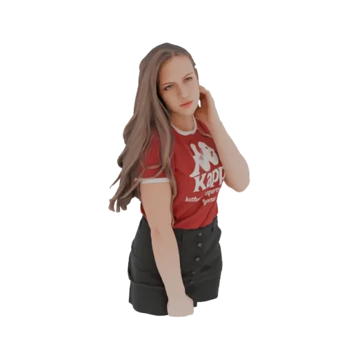 3D model of a young woman with long brown hair, wearing a red Kappa t-shirt and a black skirt, looking over her shoulder with