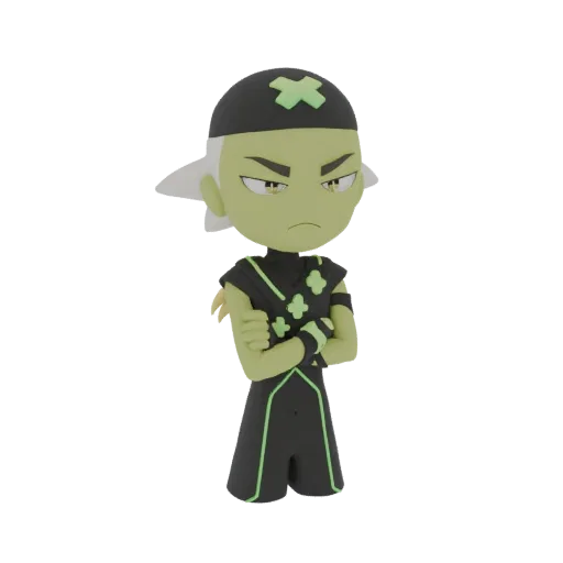 3D model of a grumpy green alien character with crossed arms, wearing a black and green outfit and a cap.