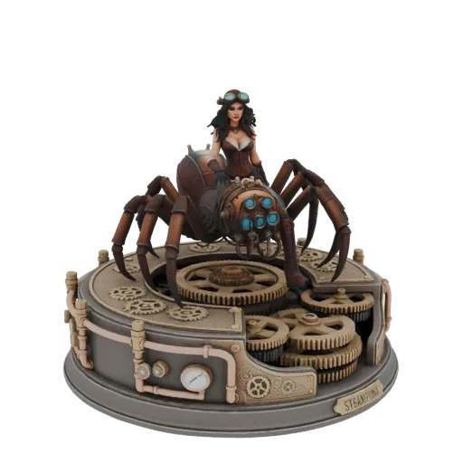 3D model of a Steampunk mechanical spider with a rider, featuring intricate gears and a Victorian-inspired design, set agains