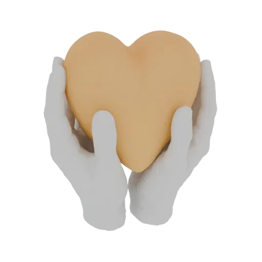 A 3D render of a peach-colored heart being held by two white-gloved hands against a white background.